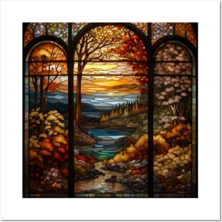 Stained Glass Window Of Autumn Scenery Posters and Art
